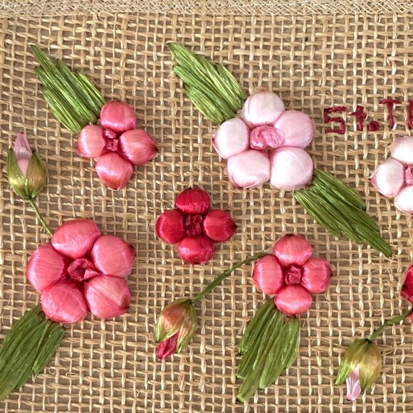 Handmade St. Thomas Floral Straw Raffia Zippered Clutch Purse Embroidered Flower - Picture 3 of 6